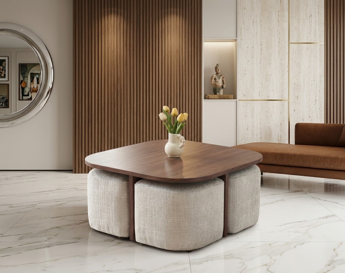 Table Basse Pouf Marbella Beige x Noyer