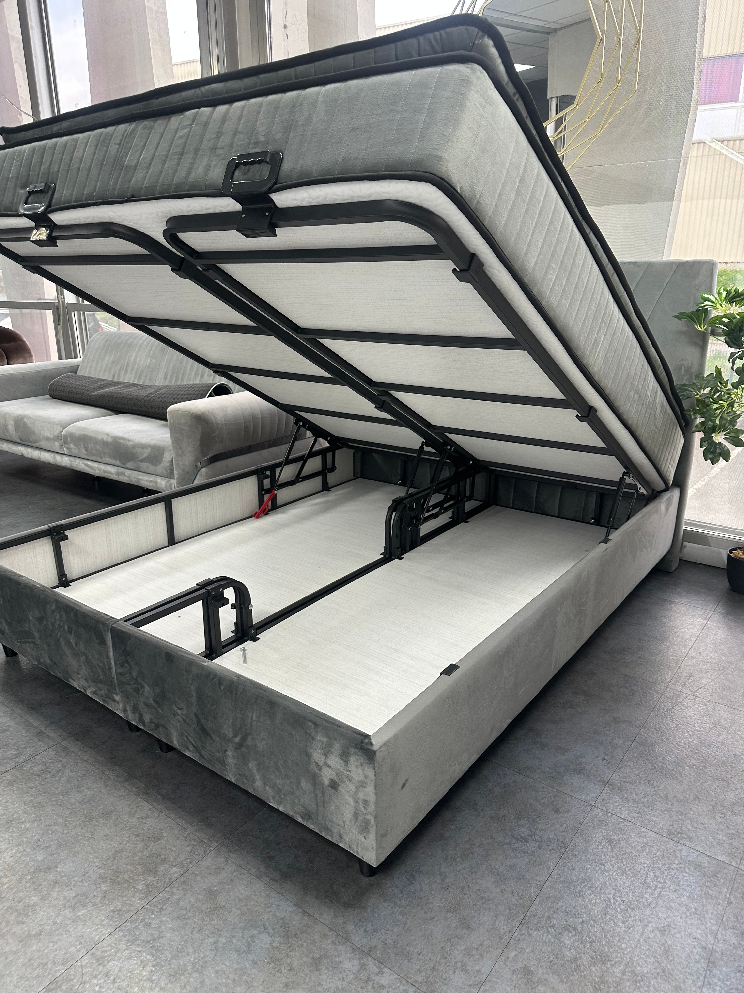 Pack Lit Coffre PALMI Gris + Matelas 32cm d’épaisseur