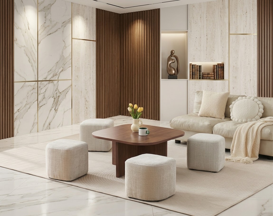 Table Basse Pouf Marbella Beige x Noyer