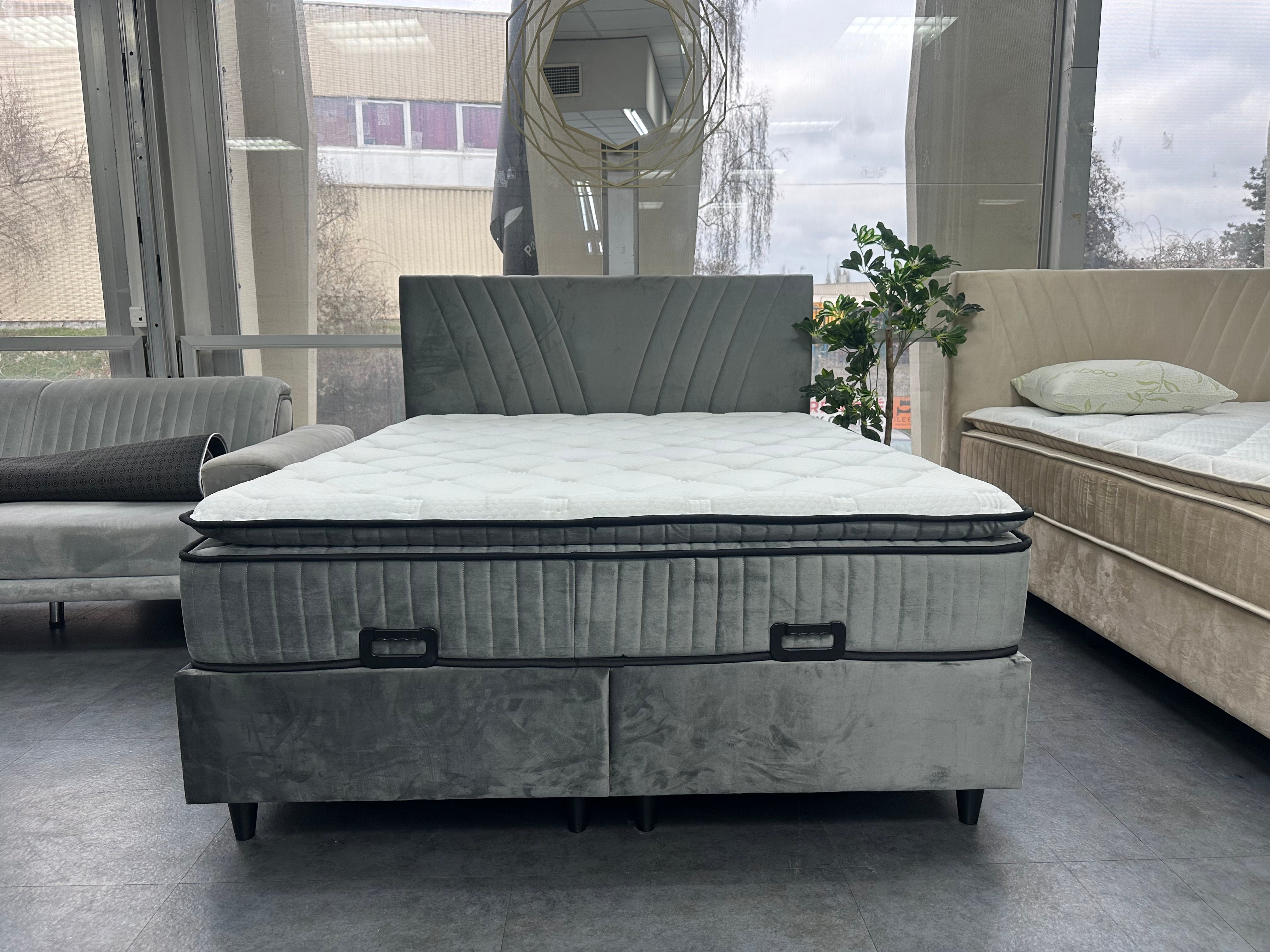 Pack Lit Coffre PALMI Gris + Matelas 32cm d’épaisseur