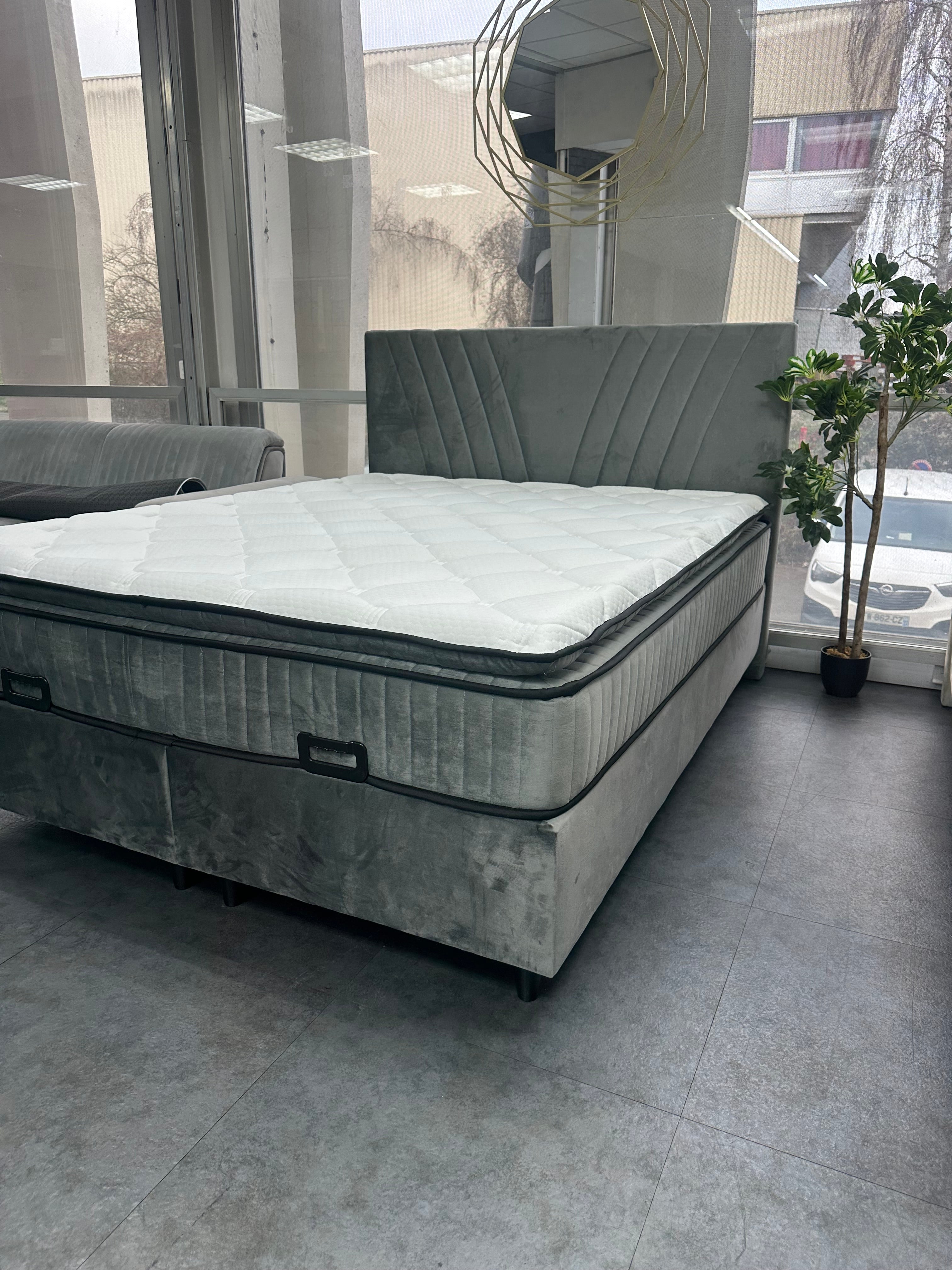 Pack Lit Coffre PALMI Gris + Matelas 32cm d’épaisseur
