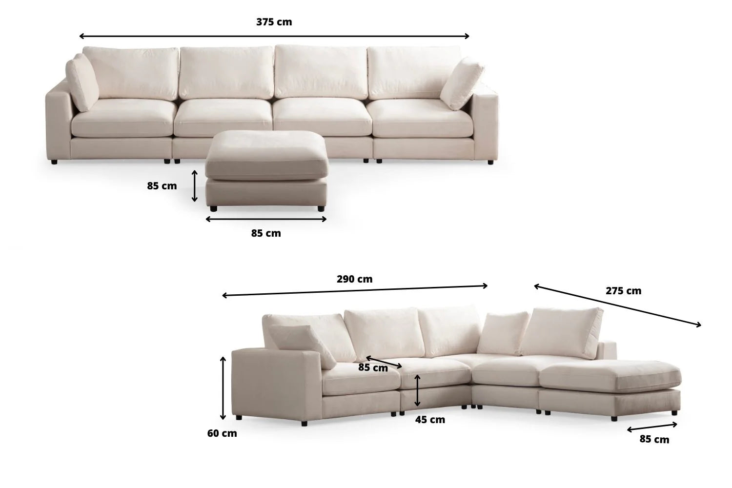 Julia | Velours Blanc cassé 4+1 pouf