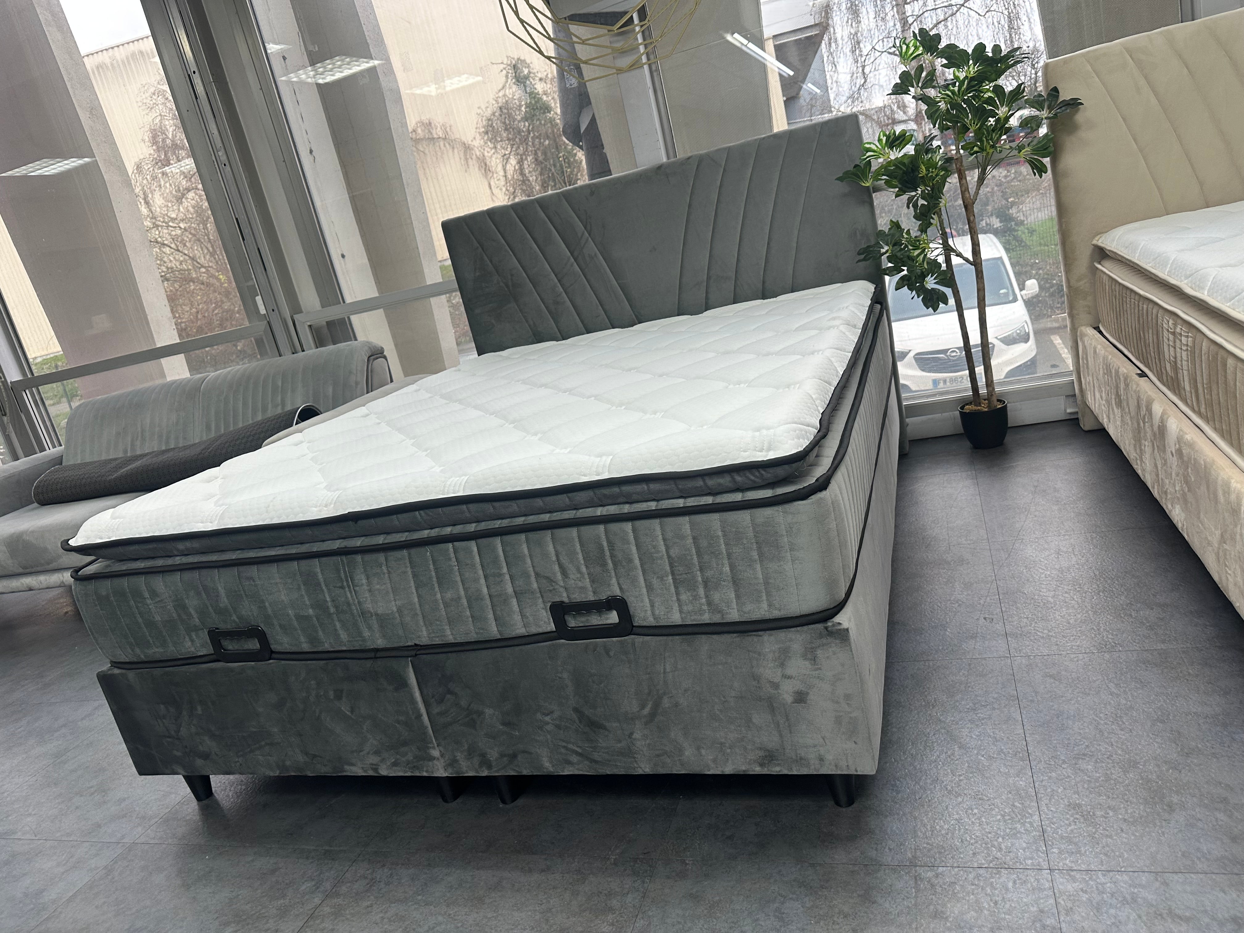 Pack Lit Coffre PALMI Gris + Matelas 32cm d’épaisseur