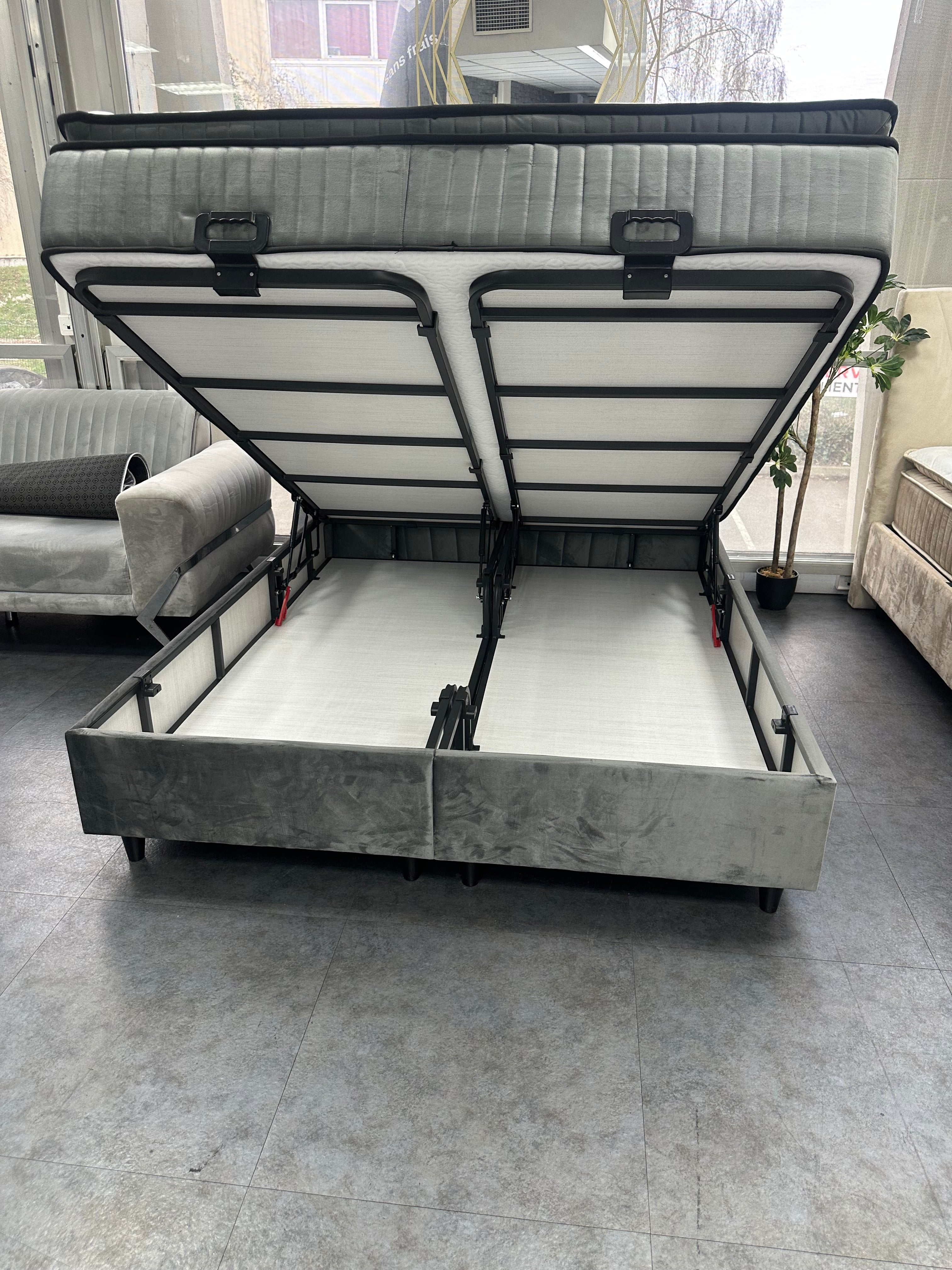 Pack Lit Coffre PALMI Gris + Matelas 32cm d’épaisseur